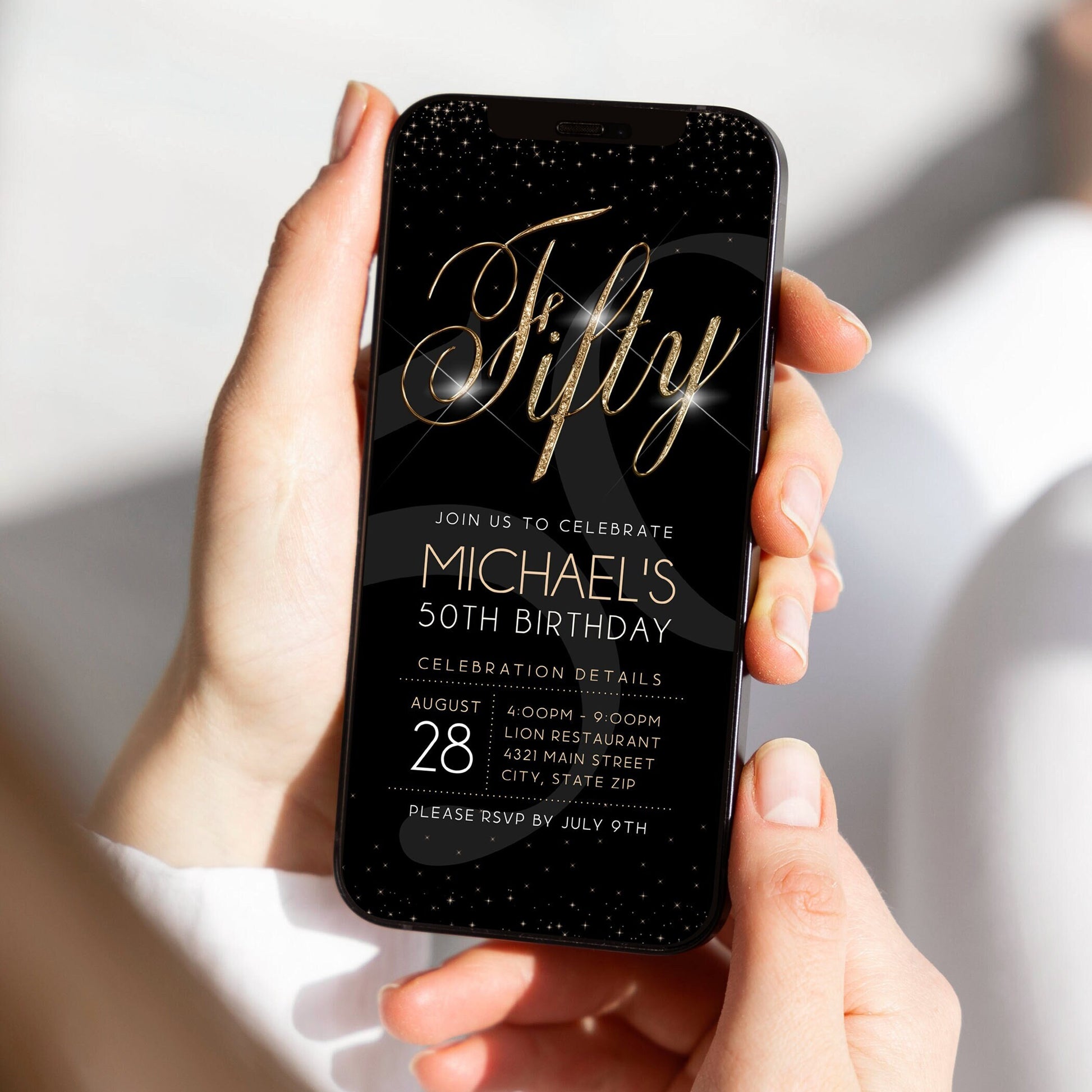Luxury Digital 50th Fifty Birthday Invitation Template, Black Gold Electronic Invite, Editable Template, Email Text Message Evite For Men