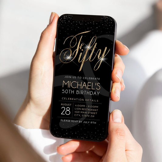 Luxury Digital 50th Fifty Birthday Invitation Template, Black Gold Electronic Invite, Editable Template, Email Text Message Evite For Men