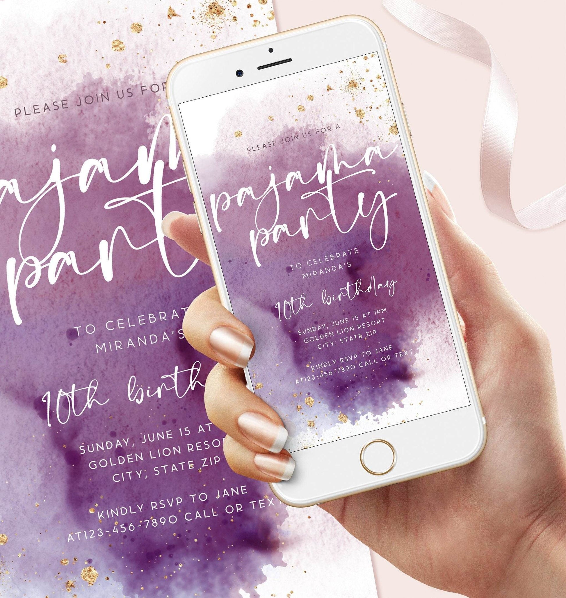 Digital Pajama Party Invitation Template – Purple & Gold Slumber Party Text Message Evite | Editable Mobile Invite | Instant Download