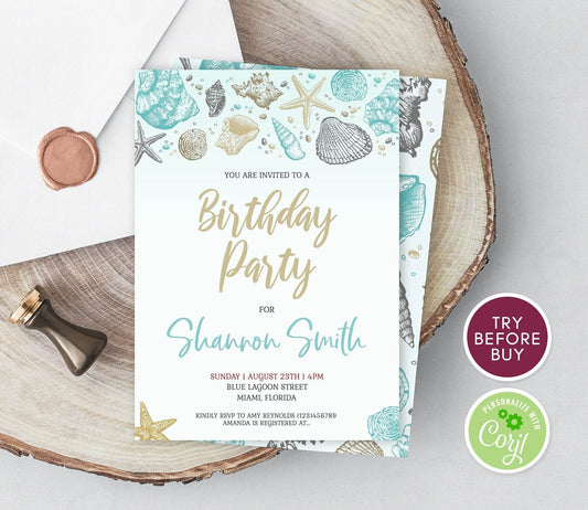 Beach Birthday Invitation Template, Tropical Editable Party Invite, Ocean Sea Theme, Any Age Birthday, Digital Download, DIY Summer Invitation