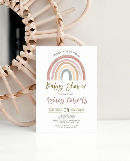 Printable Rainbow Baby Shower Invitation, Gender Neutral Boho Invite, Editable Baby Shower Template, Muted Tones Baby Invite, Instant Download