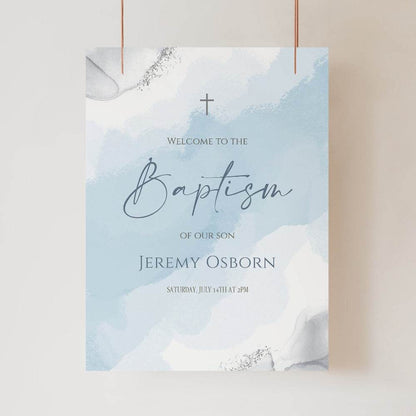 Blue & Silver Boy Baptism Welcome Sign – Editable Watercolor Printable Poster | Digital Baptism Welcome Board | Instant Download Template