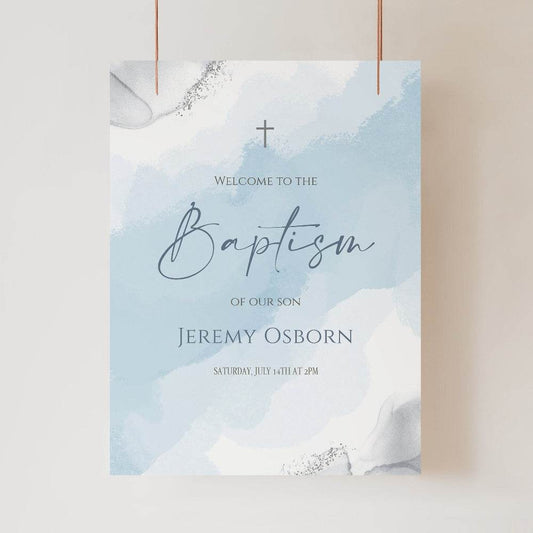 Blue & Silver Boy Baptism Welcome Sign – Editable Watercolor Printable Poster | Digital Baptism Welcome Board | Instant Download Template