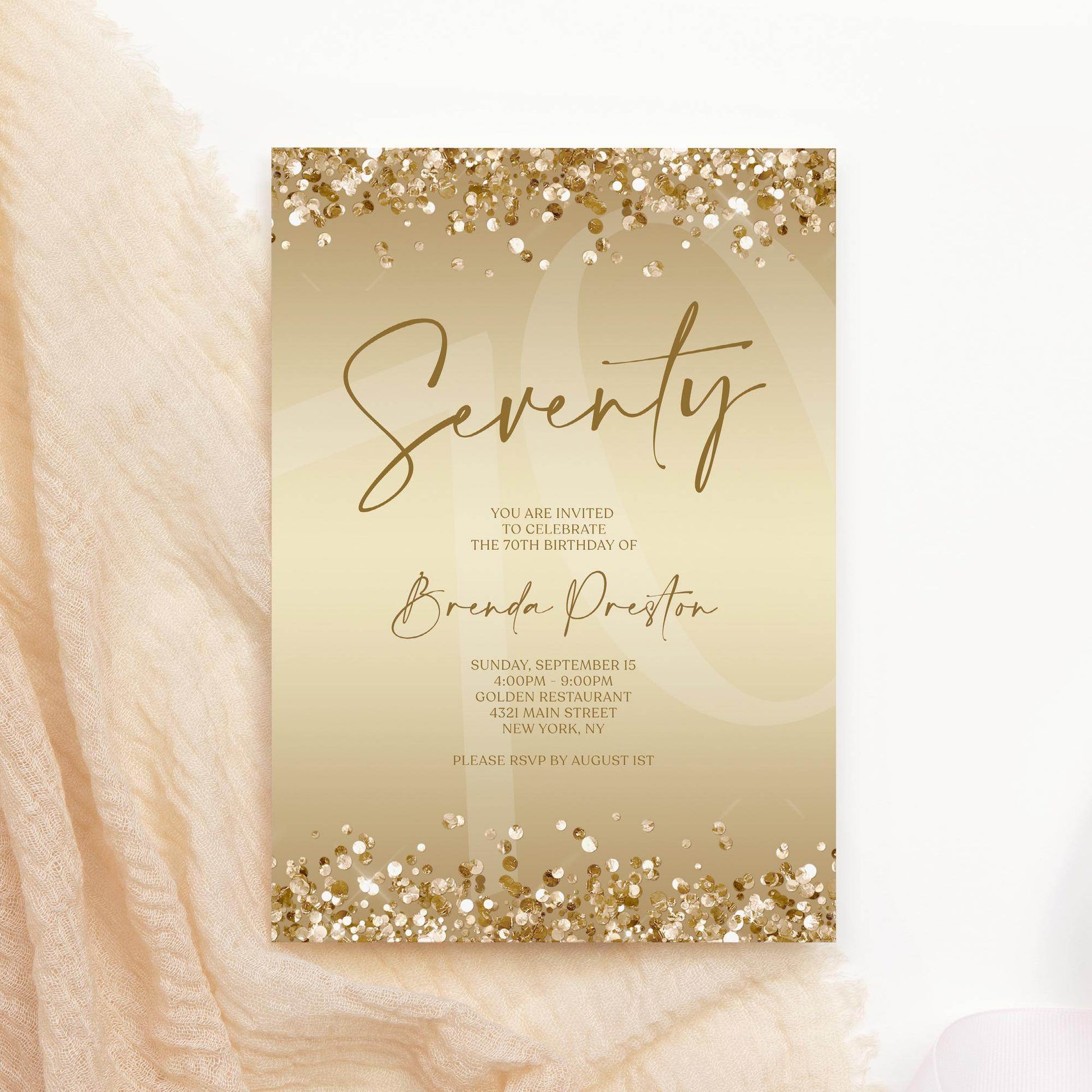 Editable 70th Birthday Invitation Template, Gold Confetti Seventy Invite, Printable Surprise Party Card, Digital Text Message Evite