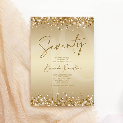 Editable 70th Birthday Invitation Template, Gold Confetti Seventy Invite, Printable Surprise Party Card, Digital Text Message Evite
