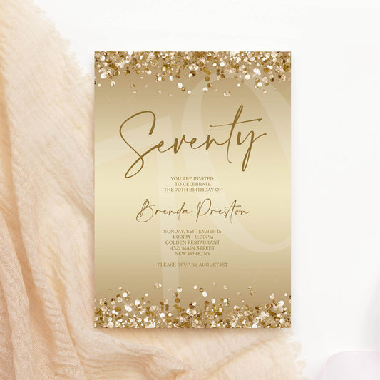 Editable 70th Birthday Invitation Template, Gold Confetti Seventy Invite, Printable Surprise Party Card, Digital Text Message Evite