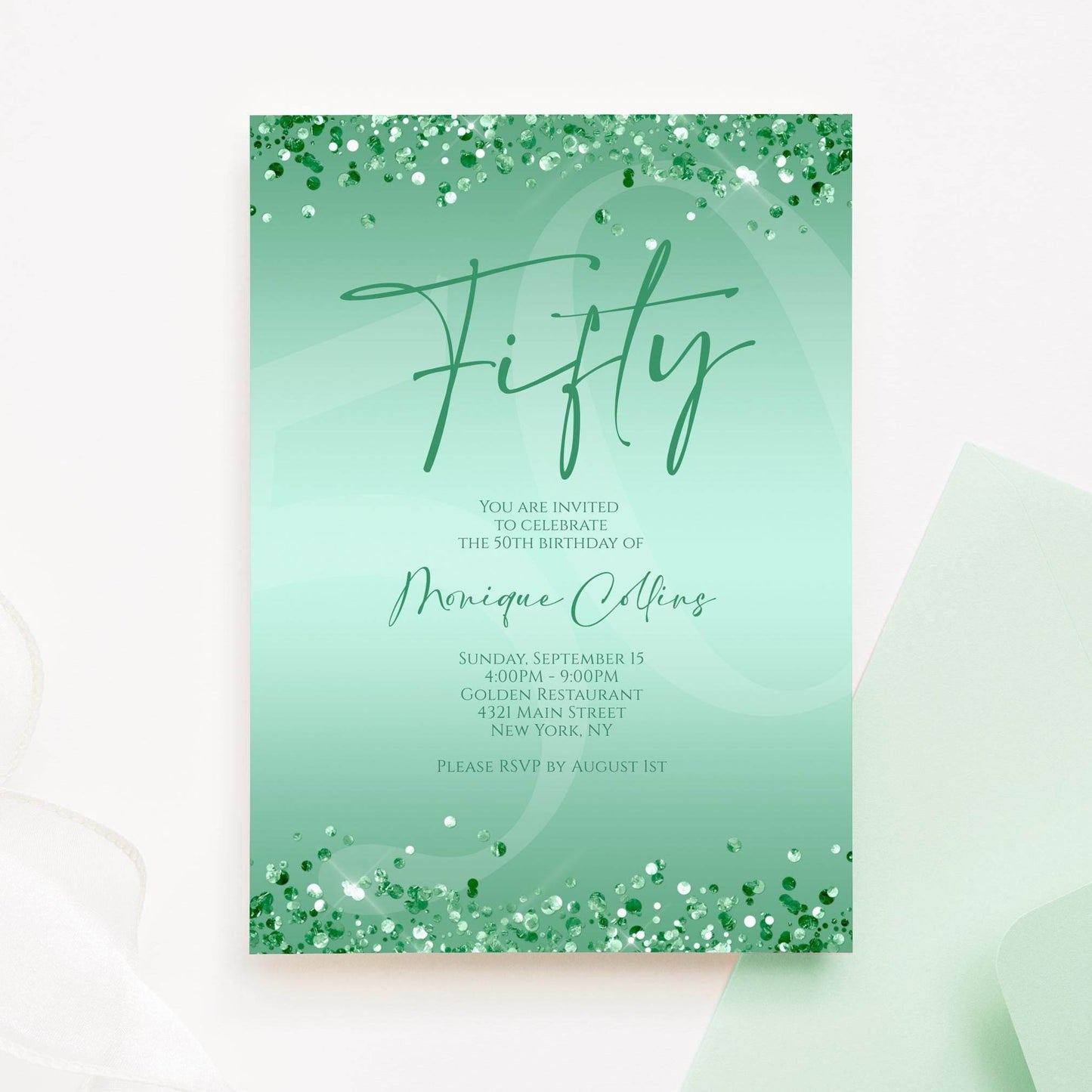 Printable Mint Green 50th Birthday Invitation Template – Editable Digital Mint Birthday Card | Women’s 50th Party Invite | Instant Download