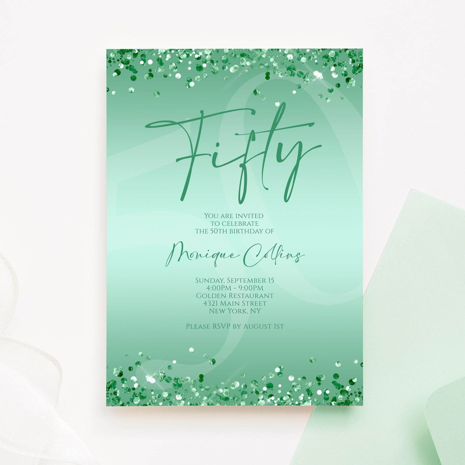 Printable Mint Green 50th Birthday Invitation Template – Editable Digital Mint Birthday Card | Women’s 50th Party Invite | Instant Download