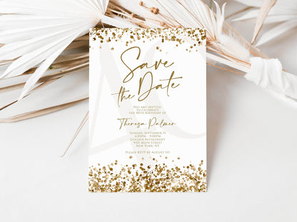 Printable Save the Date Birthday Invitation, Editable White Gold Confetti Template, DIY Text Message Evite, Any Age Birthday Invite