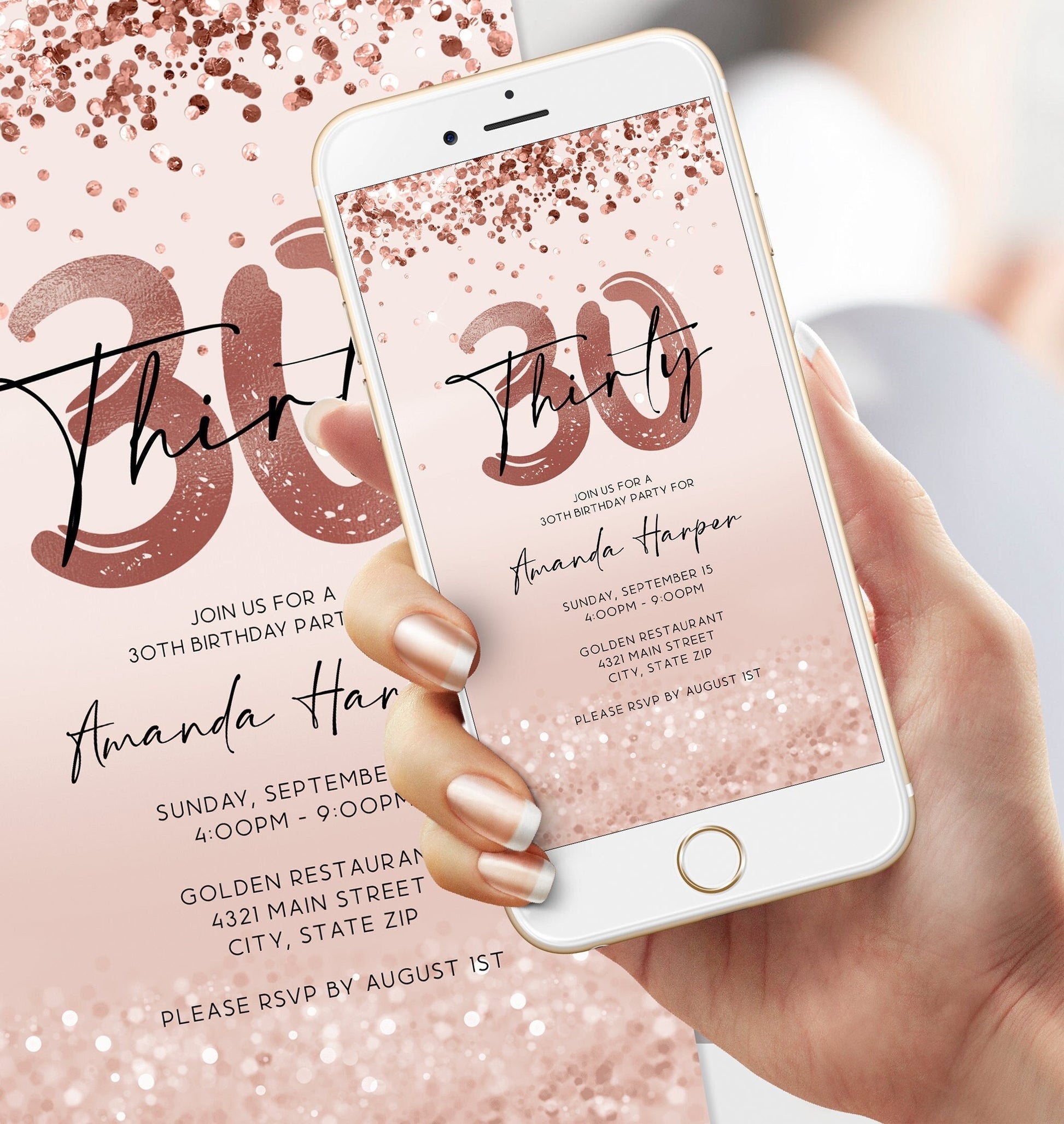 30th Birthday Invitation Template - Rose Gold Confetti Design | Instant Download
