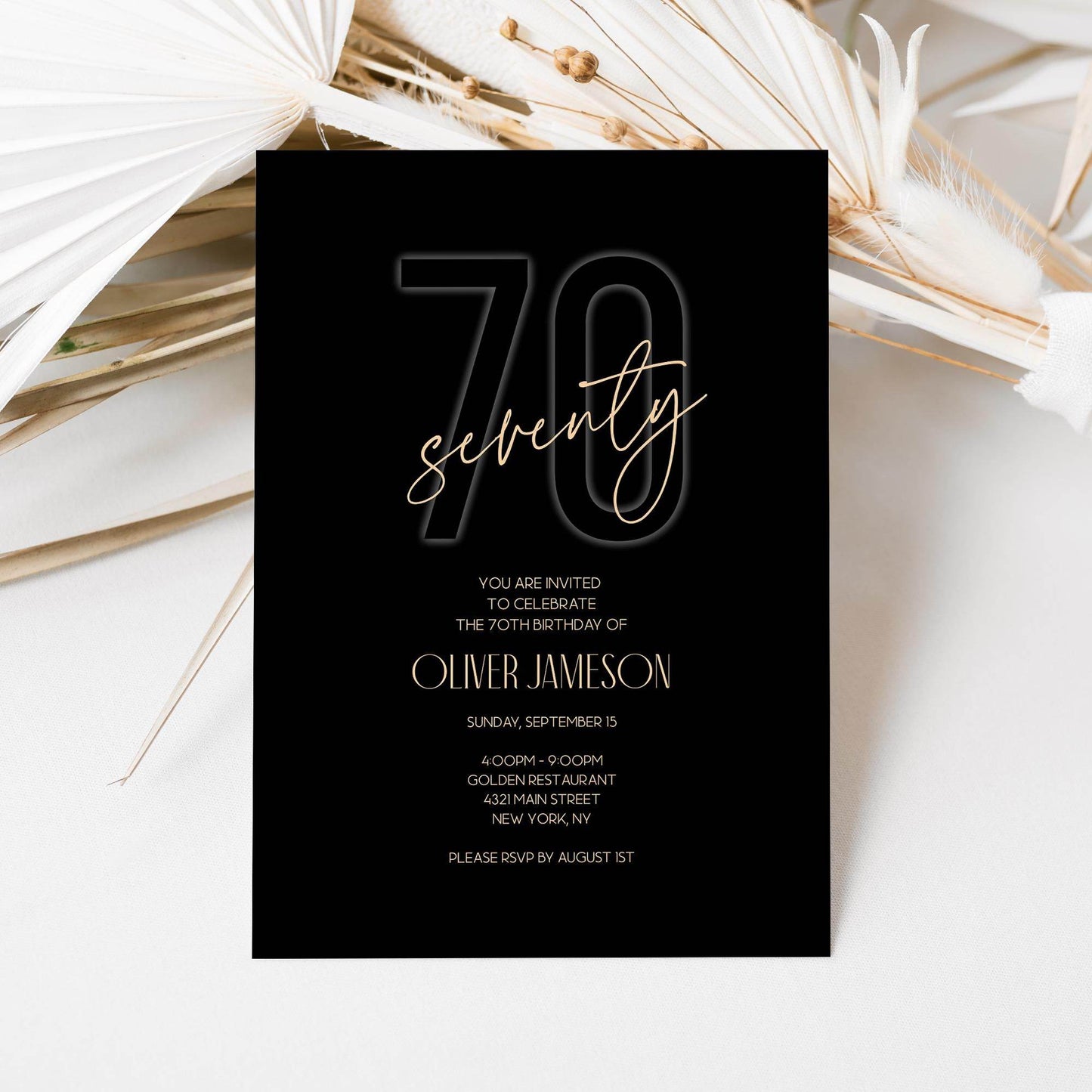 Editable Printable Black Seventy Invitation with Gold Foil, Custom Black Birthday Invitation Template for Milestone Party