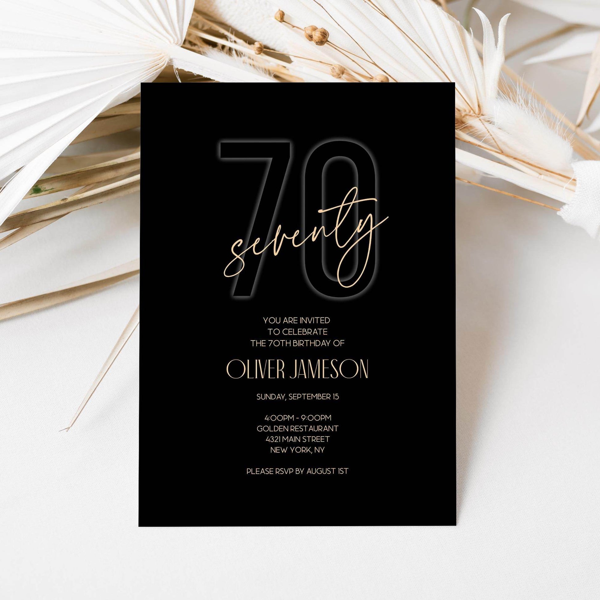 Editable Printable Black Seventy Invitation with Gold Foil, Custom Black Birthday Invitation Template for Milestone Party