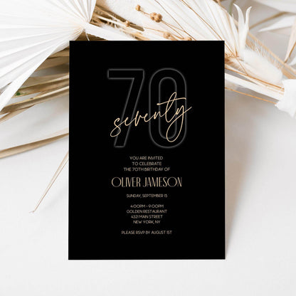 Editable Printable Black Seventy Invitation with Gold Foil, Custom Black Birthday Invitation Template for Milestone Party
