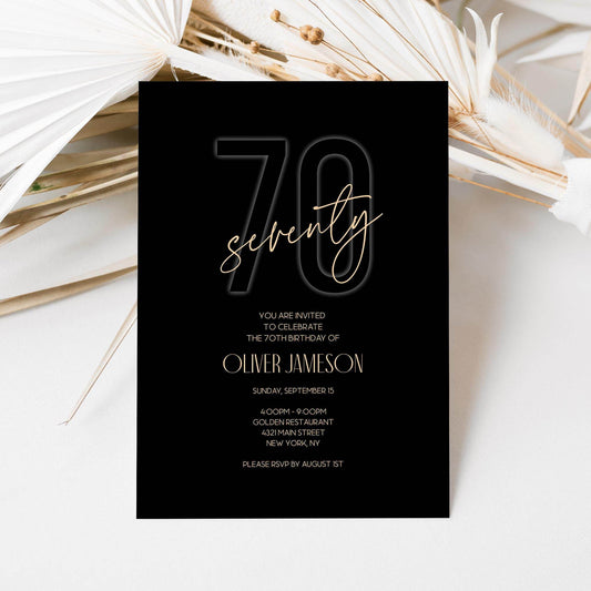 Editable Printable Black Seventy Invitation with Gold Foil, Custom Black Birthday Invitation Template for Milestone Party