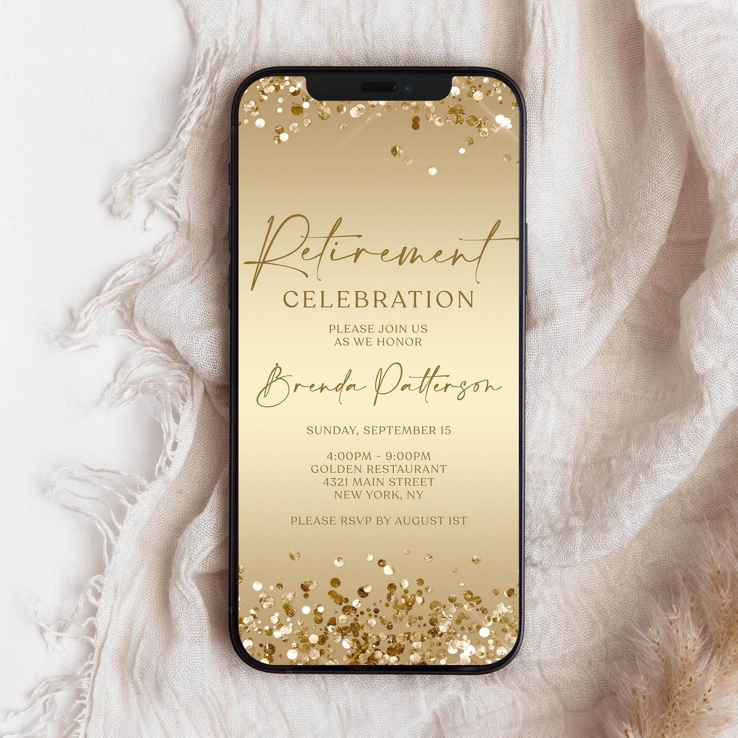 Electronic Gold Party Retirement Invitation | Text Message Evite | Instant Download | Digital Gold Invitation