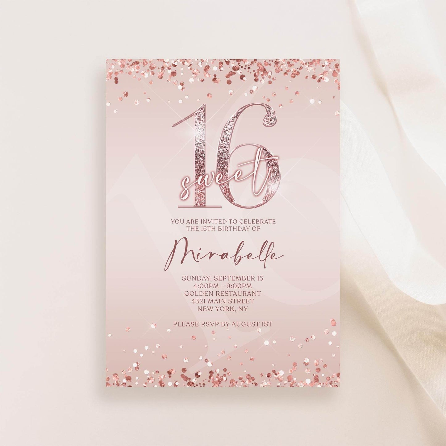 Sweet 16 Birthday Invitation – Pink Rose Gold Editable Sixteenth Invite – Text or Email Digital Template – Instant Download