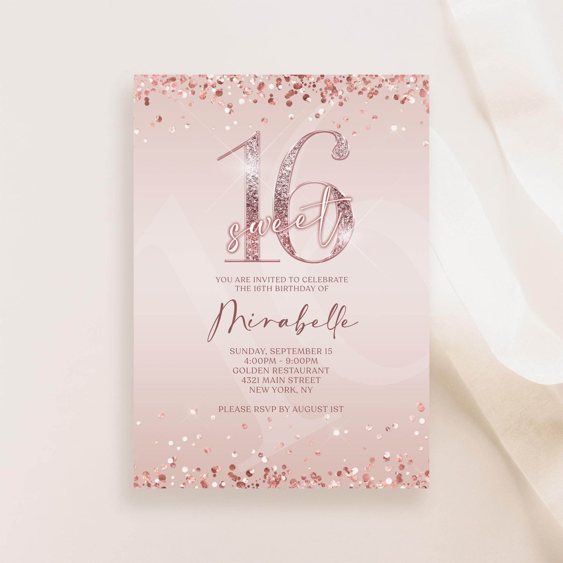 Sweet 16 Birthday Invitation – Pink Rose Gold Editable Sixteenth Invite – Text or Email Digital Template – Instant Download