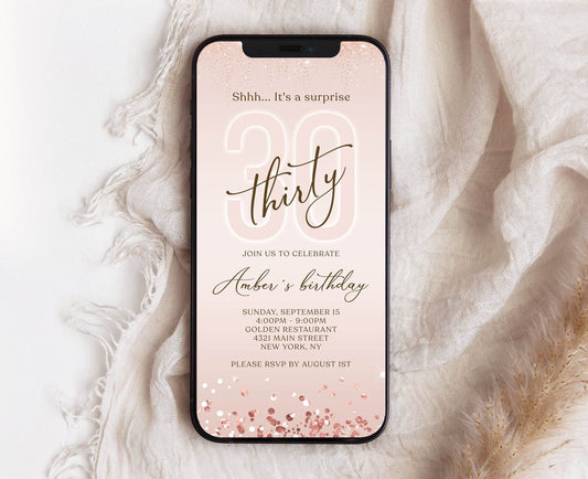 Digital Shhh it's a surprise 30th thirty text invitation template, Rose Gold Electronic Editable invite, Text Message Evite, Phone Invite
