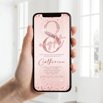Pink 8th Birthday Invitation Template | Rose Gold Foil Details | Editable Evite