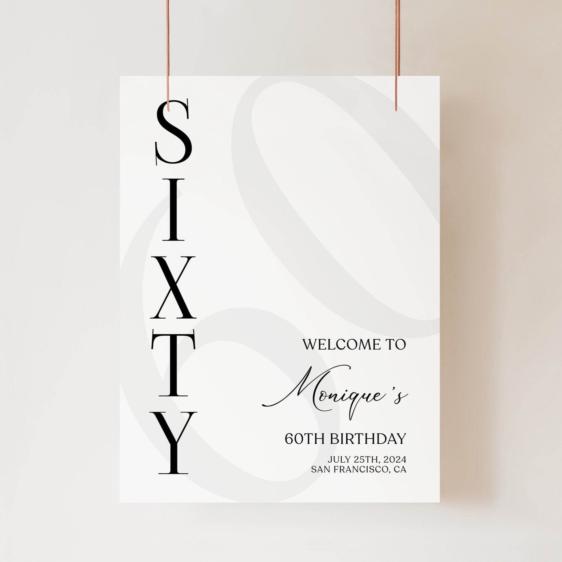 Simple 60th Birthday Welcome Sign Template – Minimalist Printable Welcome Poster | Editable Sixty Birthday Sign | Instant Digital Download