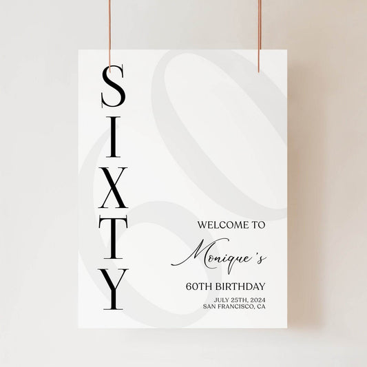 Simple 60th Birthday Welcome Sign Template – Minimalist Printable Welcome Poster | Editable Sixty Birthday Sign | Instant Digital Download