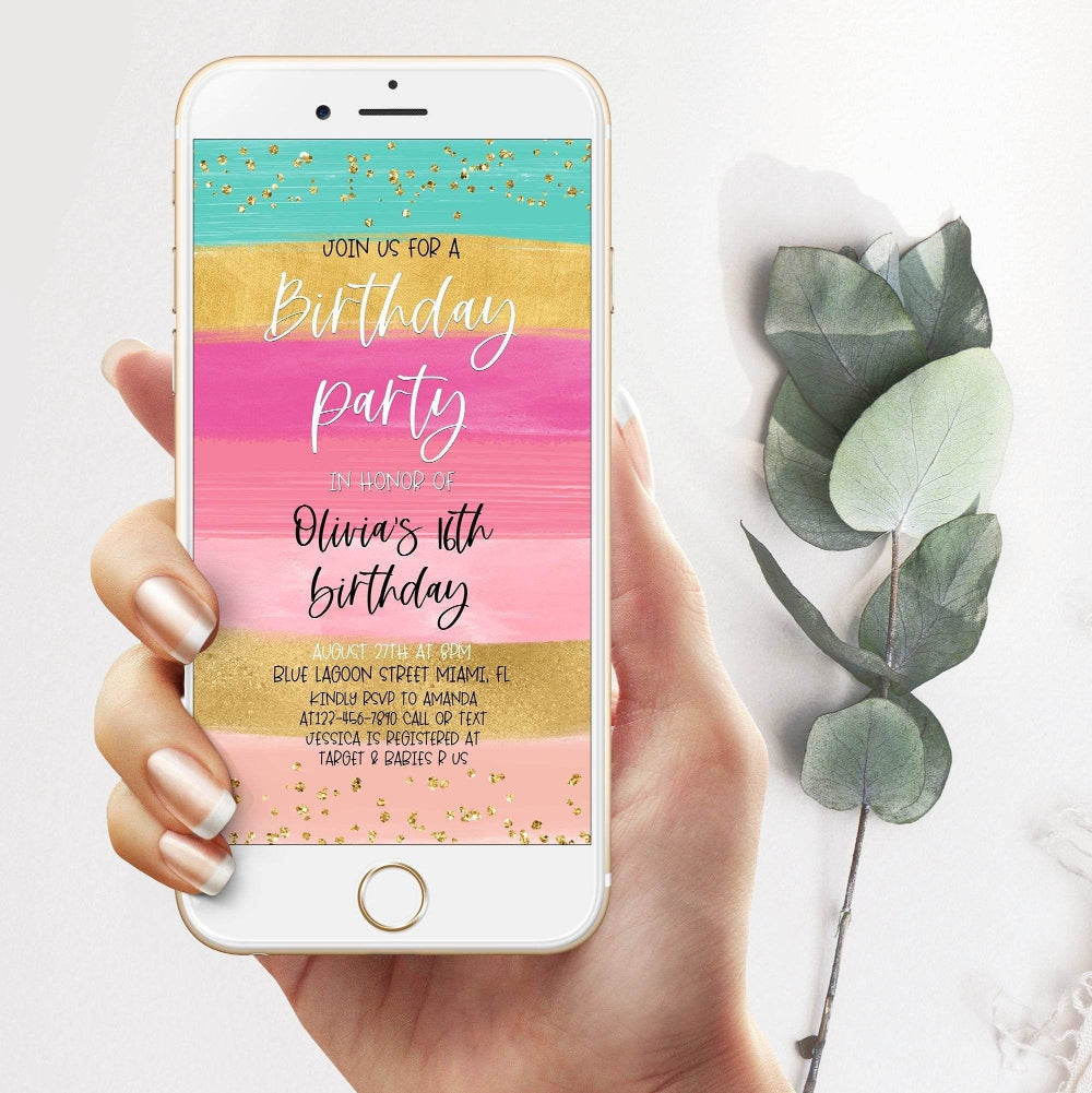 Rainbow Gold 16th Birthday Evite, Electronic Text Invite for Any Age, Editable Digital Party Invitation, Instant Download Template