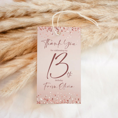Rose Gold Thirteen 13th Birthday Favor Tag, Printable Thank You Tag Template, Pink Modern Tag, Any Age Birthday Tag, Editable Favor Tag