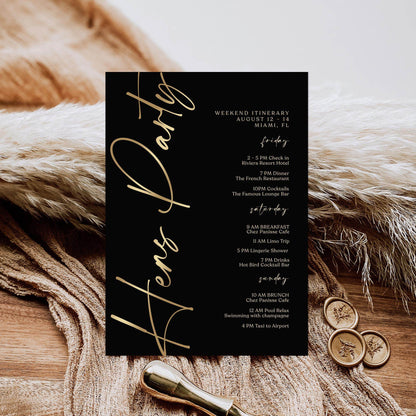 Editable Black Gold Hens Party Weekend Itinerary Template – Printable Bachelorette Weekend Schedule | Digital Event Planner | Instant Download