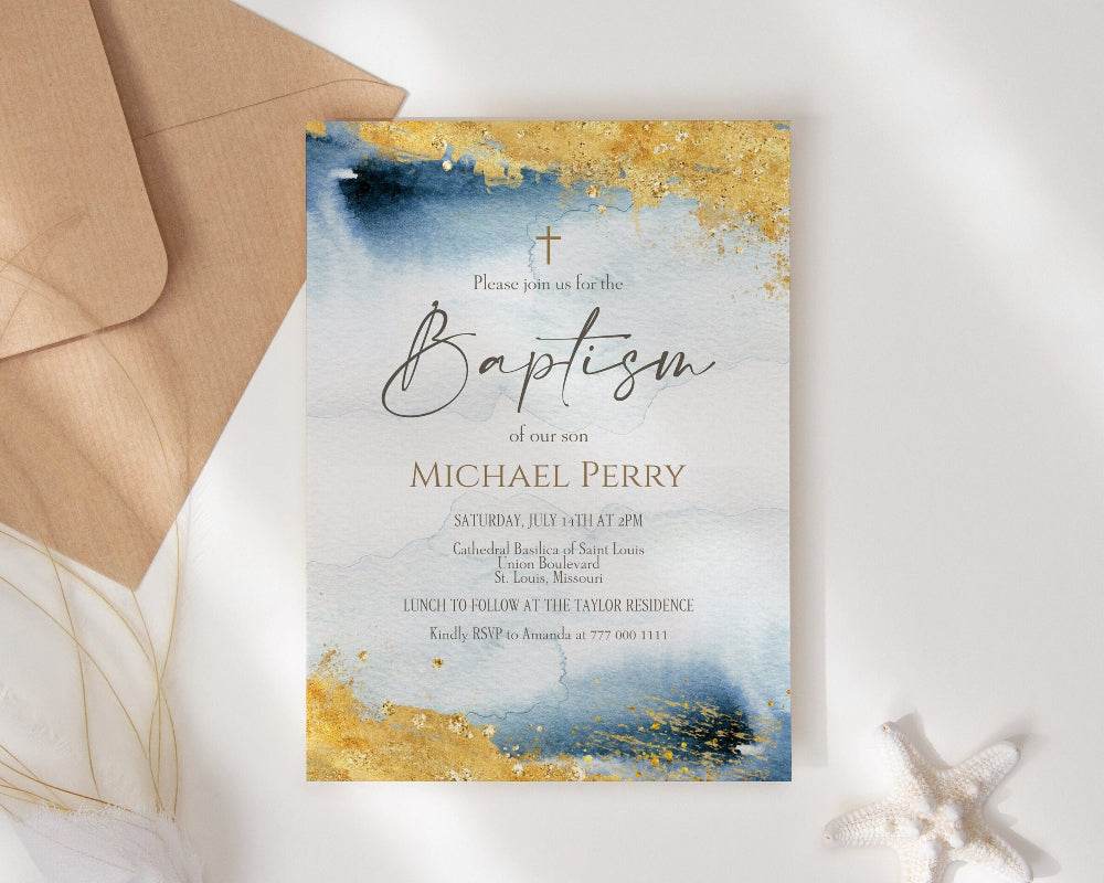 Boy Blue Gold Watercolor Baptism Invitation Template, Printable Boy Baptism Invite, Editable DIY Baptism Invitation, Email Text Message Evite, Instant Download