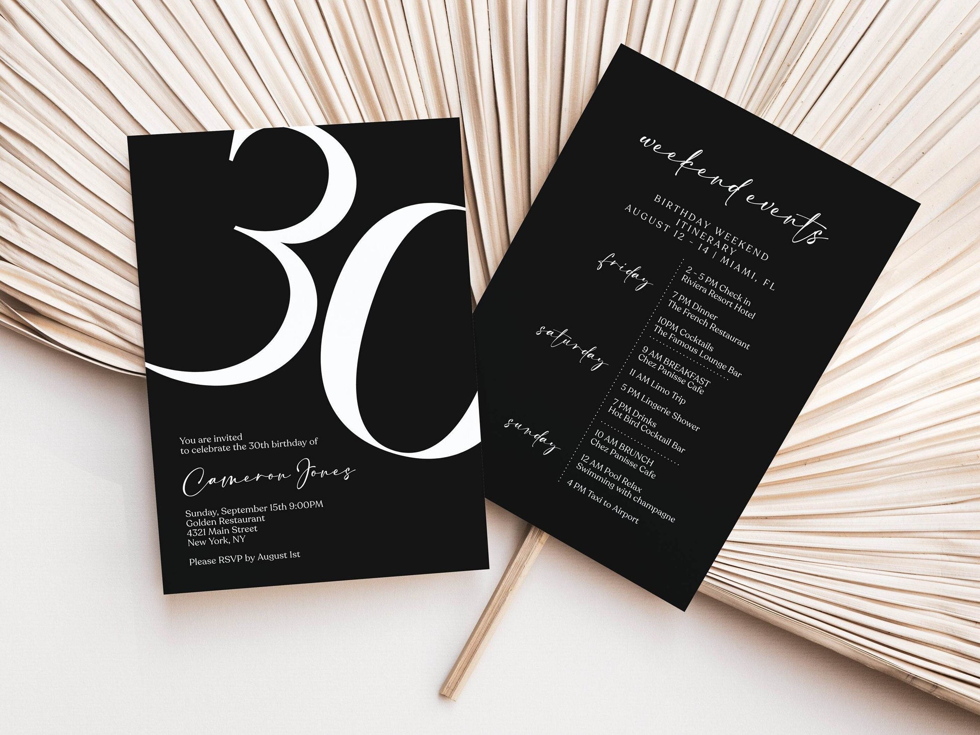 30th Birthday Weekend Itinerary Template | Simple Black Editable Schedule | Printable Birthday Weekend Invite | Digital Instant Download