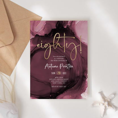 Purple Maroon Gold 80th Eighty Birthday Invitation Template, Printable Birthday Invite, Editable Surprise Birthday Invitation, Digital Download