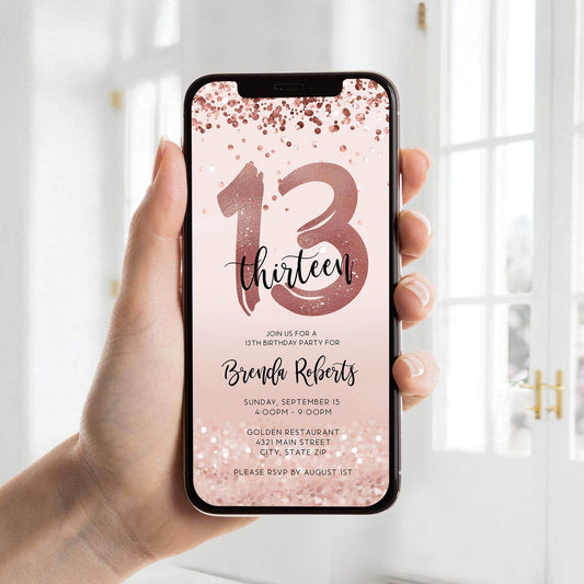 Pink 13th Invite Thirteen Birthday Invitation Digital Template, Rose Gold Foil Confetti Girl Party Invitation, Electronic Text Message Evite, Editable teen girl party invite digital template, Rose gold foil 13th birthday evite for text message, Pink and rose gold 13th birthday card download, Electronic 13th birthday invitation Corjl editable, Digital glitter invite for 13th birthday celebration, Instant download girl teen birthday evite, Faux rose gold 13th party invitation template, Editable text message
