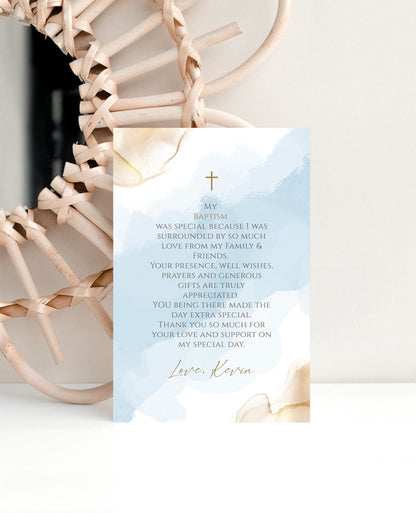 Printable Baptism Thank You Card Template, Thank You Note Card, Boy Baptism Thank You Card, Editable Blue Gold Watercolor Thank You Card 4x6