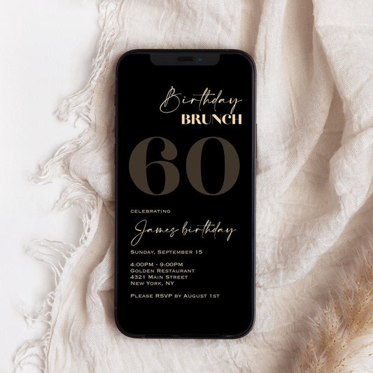 Paperless Electronic Birthday Brunch 60th Sixty Birthday Evite Black Gold Party Invite, Digital Invite Template, Birthday Party Invitation