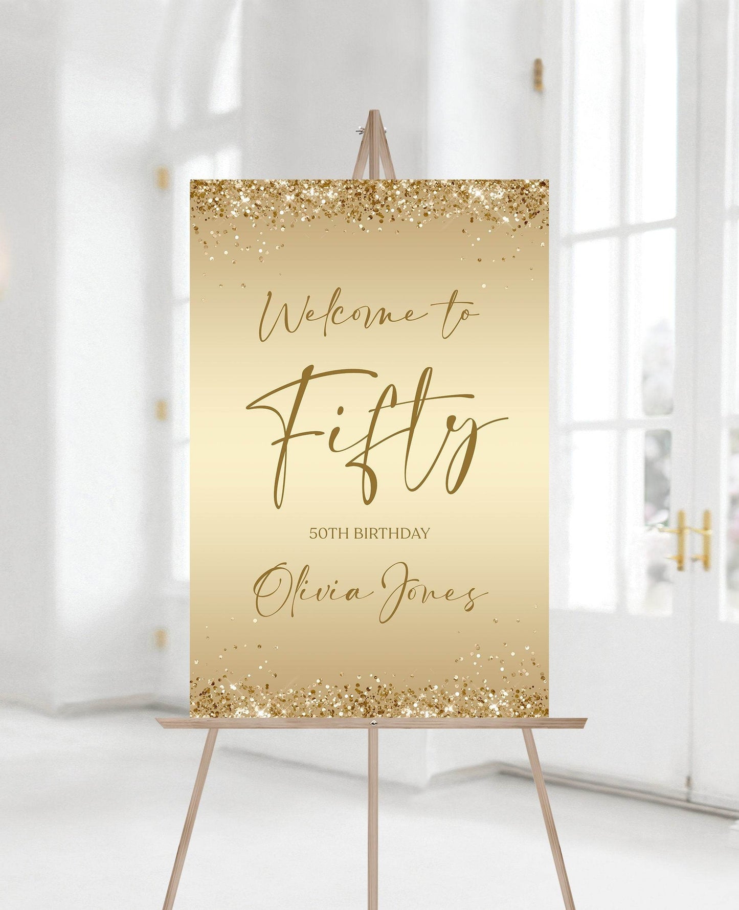 Printable Gold 50th Birthday Welcome Sign, Editable Template, Modern Fifty Birthday Party Sign, Gold Foil Confetti, Instant Download