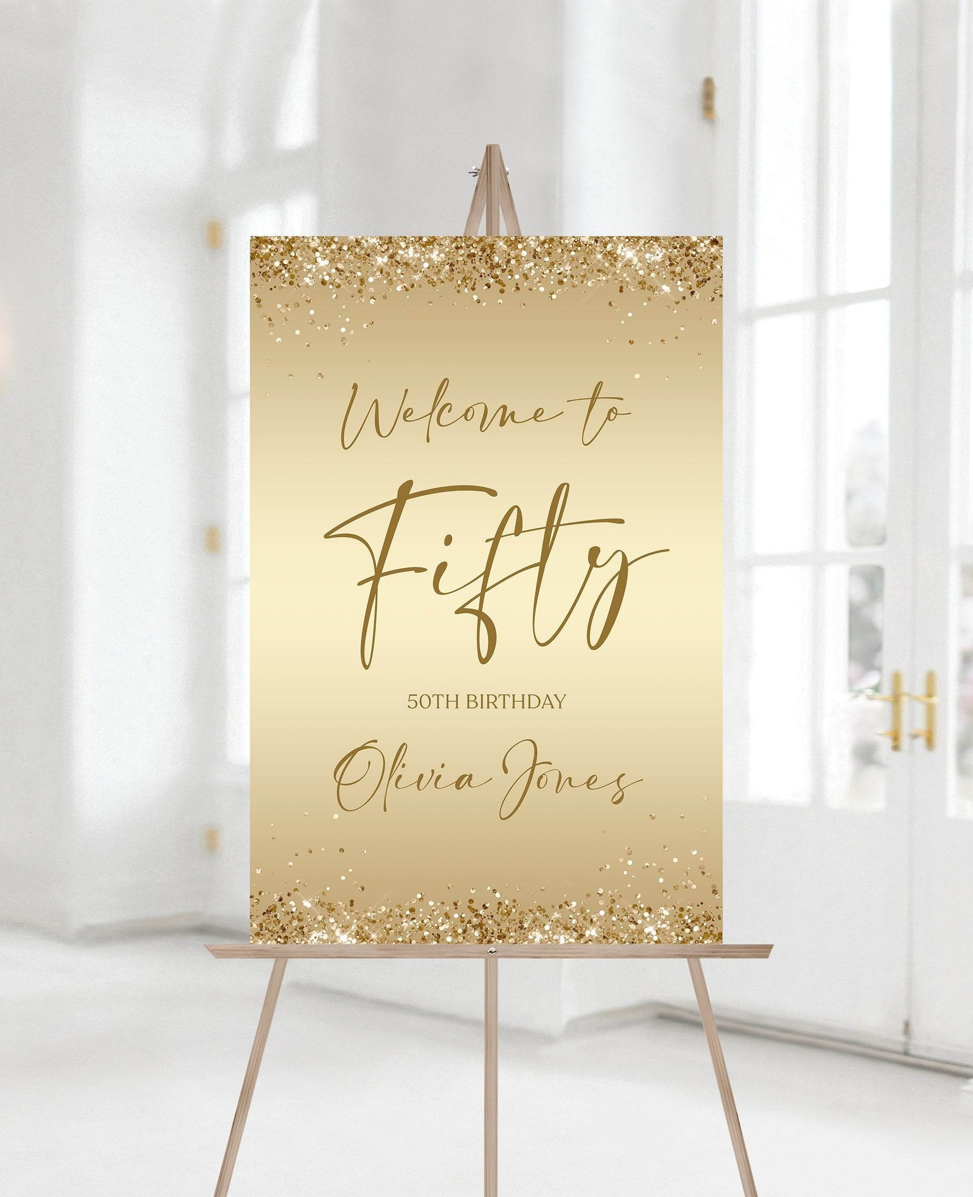 Printable Gold 50th Birthday Welcome Sign, Editable Template, Modern Fifty Birthday Party Sign, Gold Foil Confetti, Instant Download