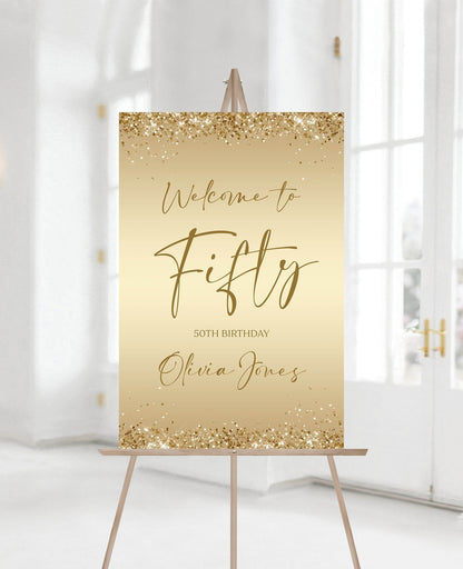 Printable Gold 50th Birthday Welcome Sign, Editable Template, Modern Fifty Birthday Party Sign, Gold Foil Confetti, Instant Download