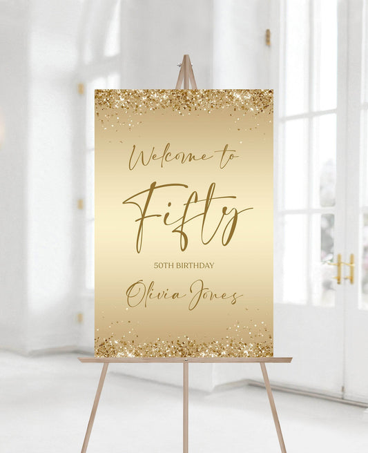 Printable Gold 50th Birthday Welcome Sign, Editable Template, Modern Fifty Birthday Party Sign, Gold Foil Confetti, Instant Download