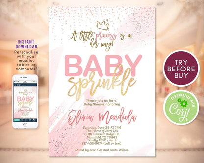 Pink and Gold Girl Baby Sprinkle Invitation – Editable Baby Sprinkle Invite Template | Printable Baby Shower DIY Invitation | Instant Download