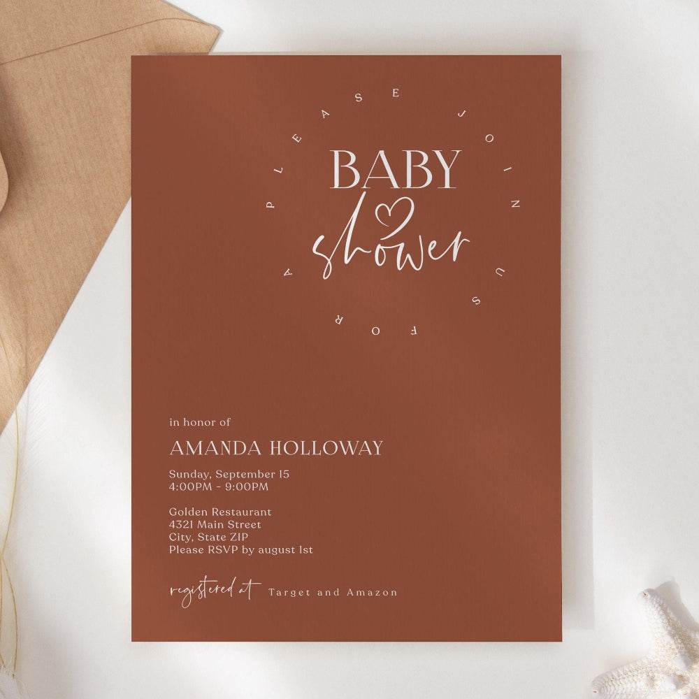 Minimalist Baby Shower Invitation Template – Terracotta Editable Invite | Printable Baby Shower Card | Email Text Message Digital Download