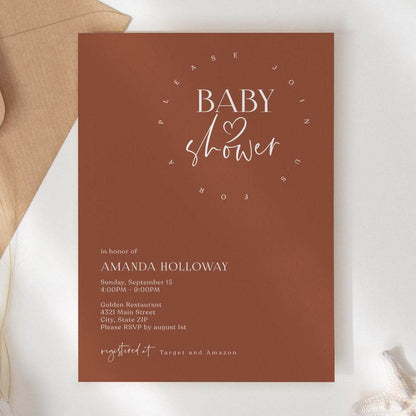 Minimalist Baby Shower Invitation Template – Terracotta Editable Invite | Printable Baby Shower Card | Email Text Message Digital Download