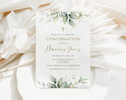 Printable Confirmation Invitation Template, Greenery Watercolor Invite, Editable Girl Boy Confirmation Card, Email Text Message