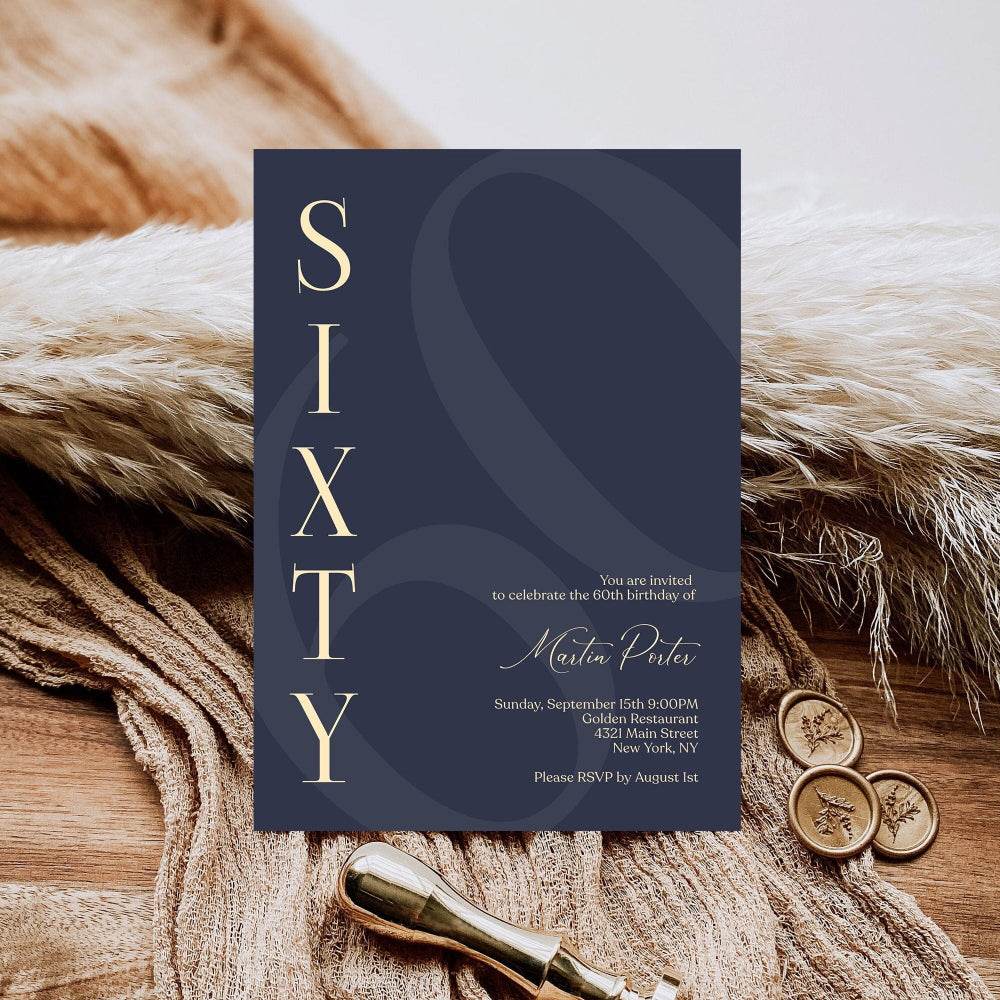 Navy 60th Birthday Invitation Template – Printable Minimalist Sixty Birthday Invite | Modern Elegant Men’s Birthday Evite | Editable Instant Download