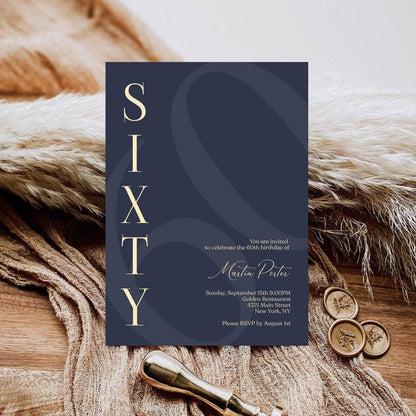 Navy 60th Birthday Invitation Template – Printable Minimalist Sixty Birthday Invite | Modern Elegant Men’s Birthday Evite | Editable Instant Download
