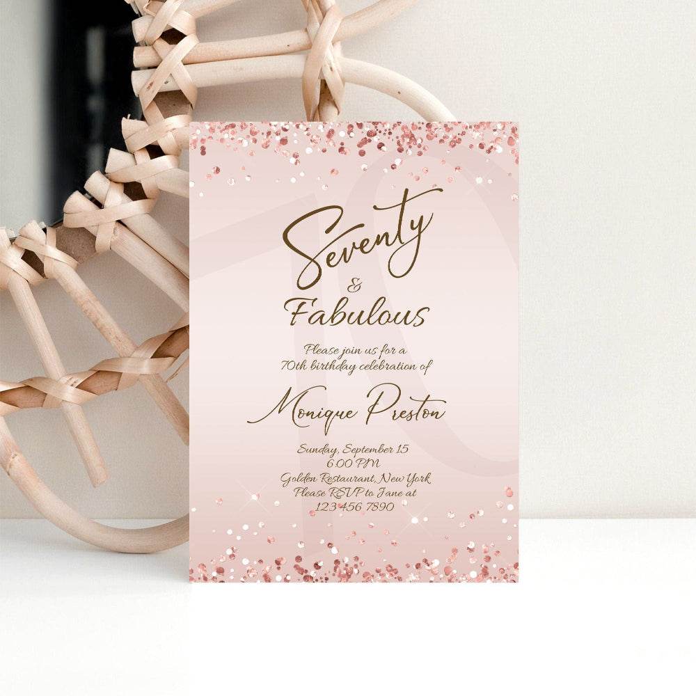 Rose Gold 70th Birthday Invitation for Her – Editable Seventy & Fabulous Surprise Party Template | Printable 70th Women’s Invite | Digital Download