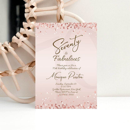 Rose Gold 70th Birthday Invitation for Her – Editable Seventy & Fabulous Surprise Party Template | Printable 70th Women’s Invite | Digital Download