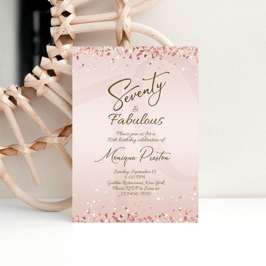Rose Gold 70th Birthday Invitation for Her – Editable Seventy & Fabulous Surprise Party Template | Printable 70th Women’s Invite | Digital Download