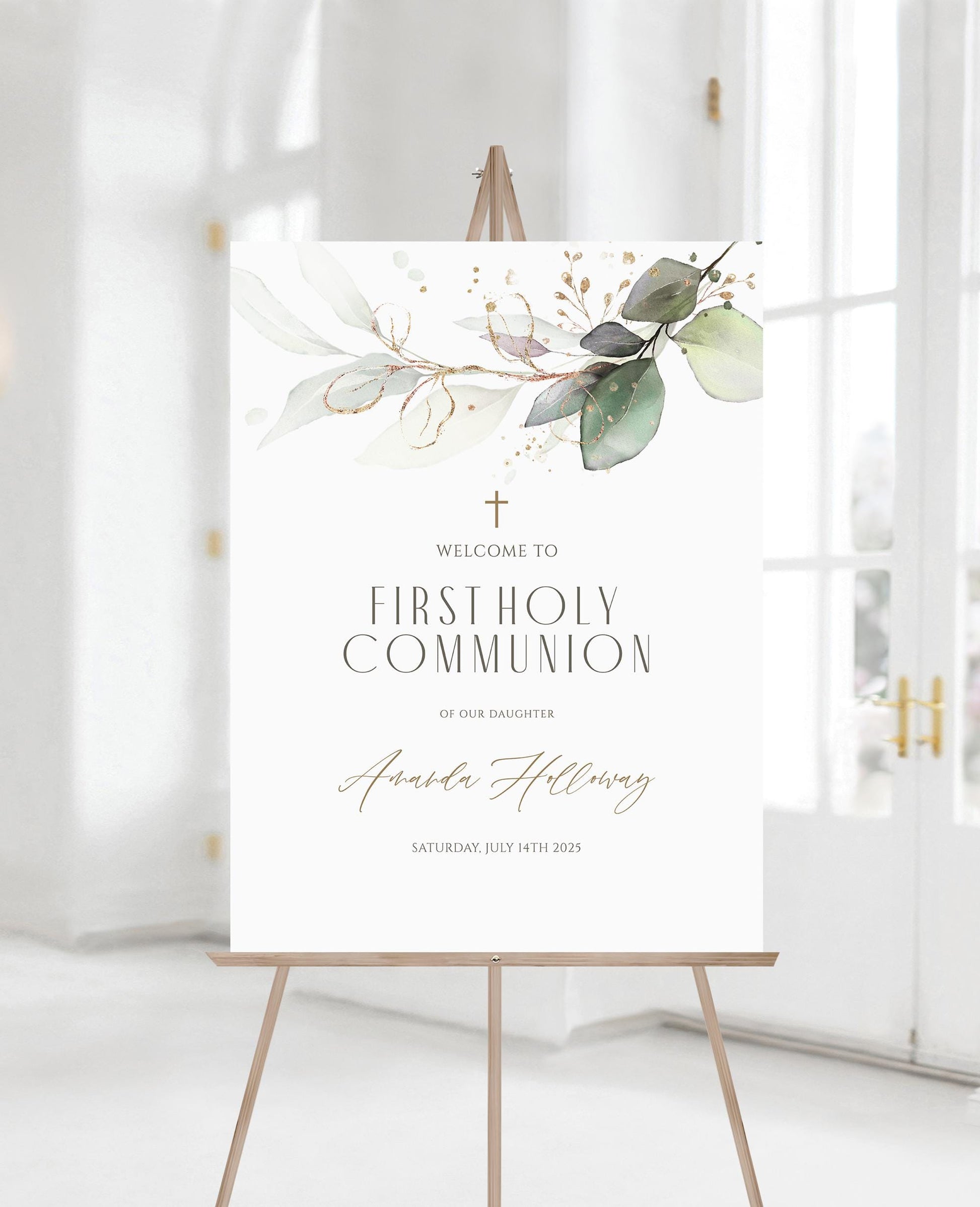 Printable First Holy Communion Welcome Sign Template – Greenery Eucalyptus Design