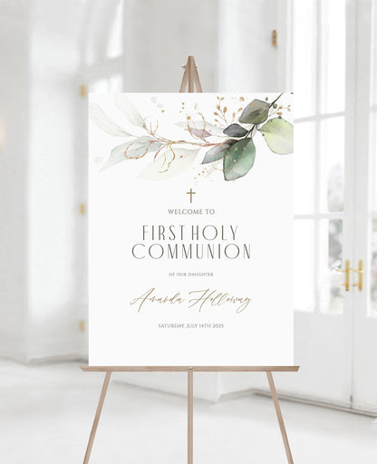 Printable First Holy Communion Welcome Sign Template – Greenery Eucalyptus Design