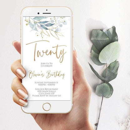 Boho Floral 20th Birthday Invitation – Digital Phone Evite | Editable Greenery Mobile Party Invite | Instant Download Smartphone Template